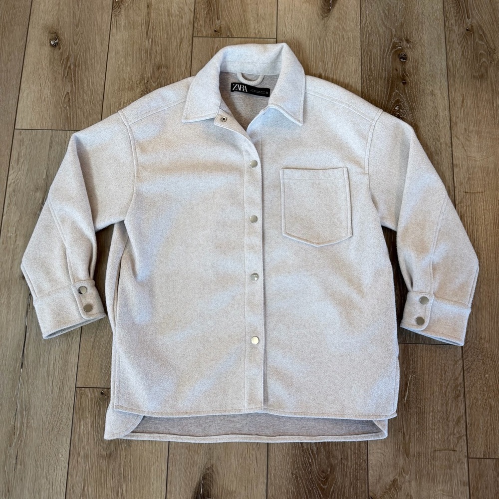 Zara Cream Wool Blend Shacket Oversized Jacket with Buttons Front Pockets XS
